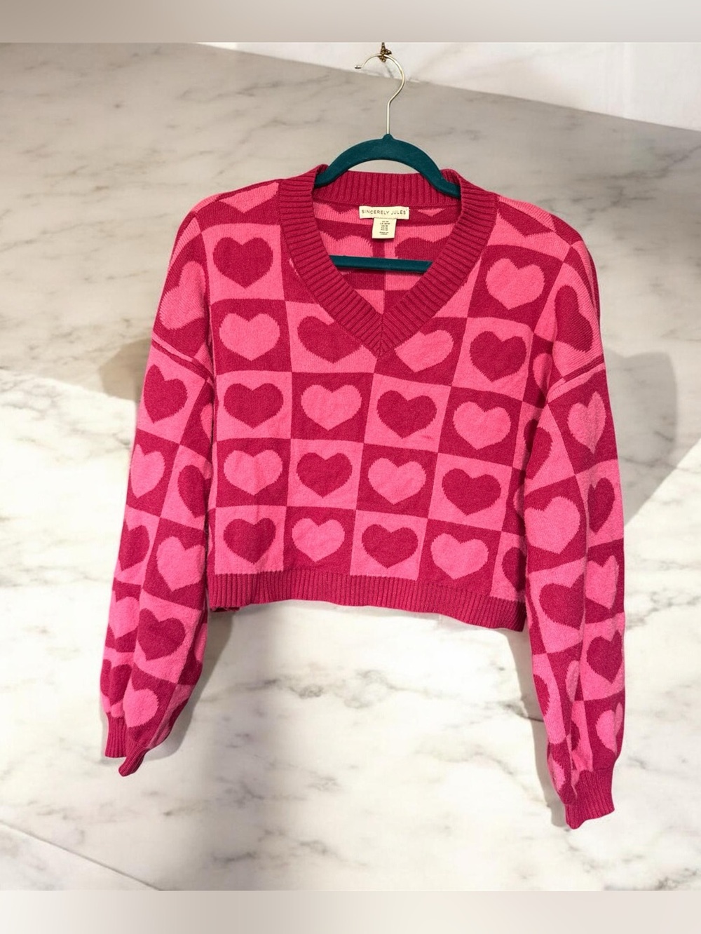 Sincerely Jules Pink Two-Tone Heart V-Neck Sweater